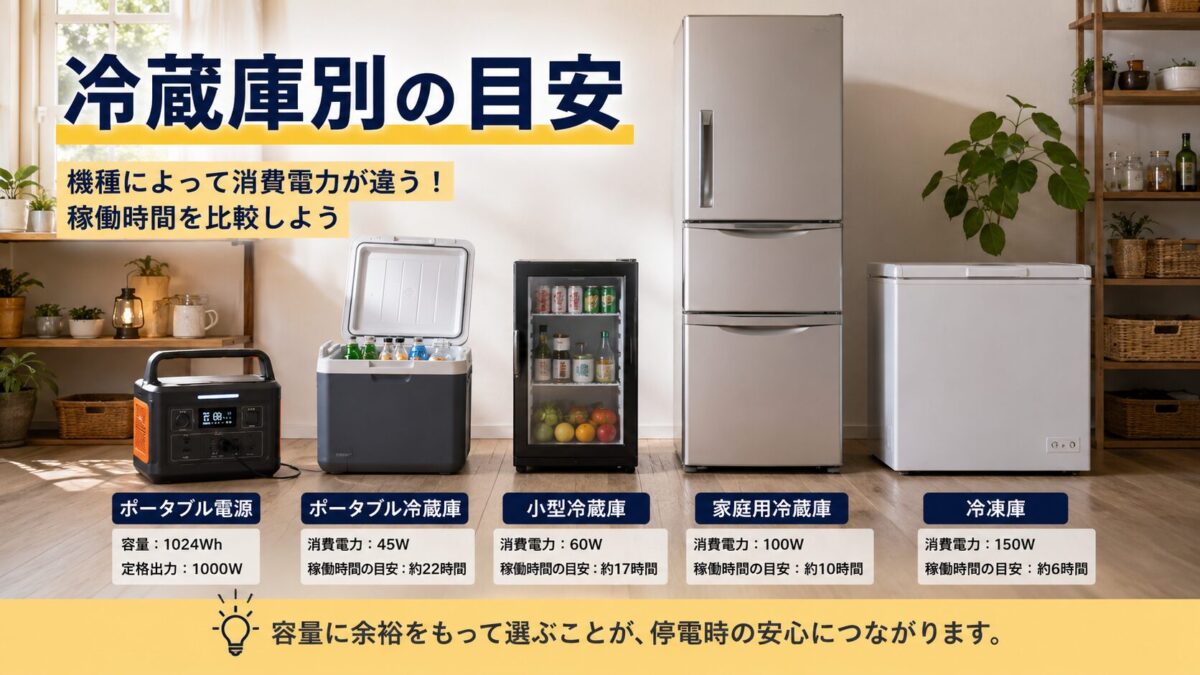 ポータブル冷蔵庫や家庭用冷蔵庫など種類別の稼働時間を比較する画像