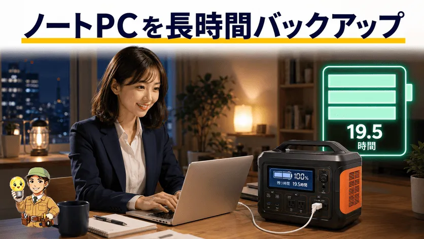 ポータブル電源でノートパソコンを長時間使うイメージ