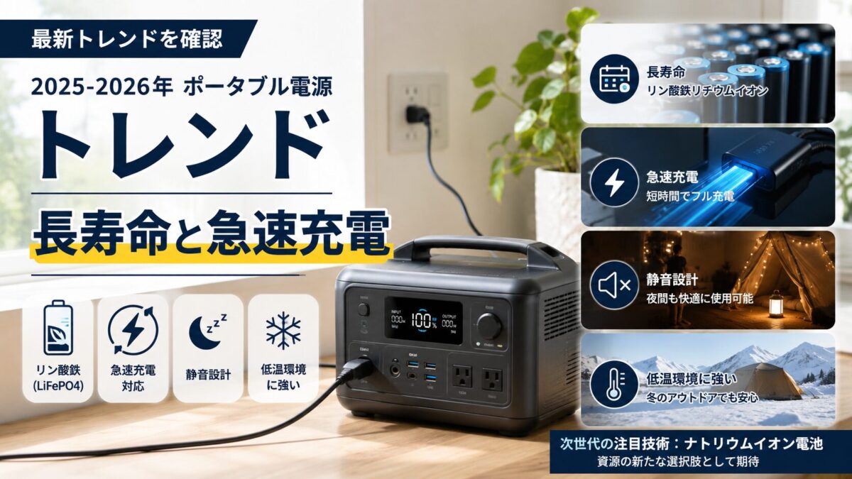 最新のポータブル電源が長寿命や急速充電に進化しているイメージ