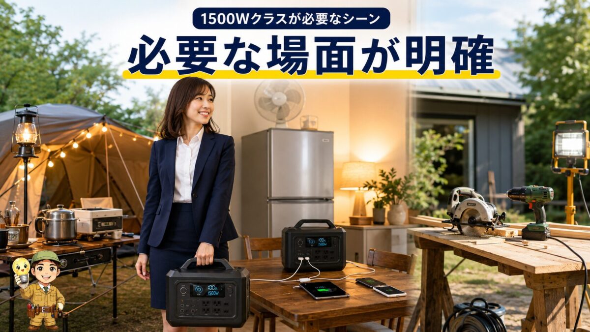 1500Wクラスのポータブル電源が役立つキャンプ防災屋外作業の画像