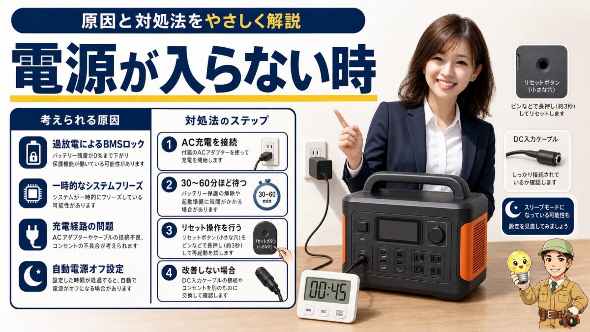 Jackeryの電源が入らない時やディスプレイがつかない時の対処法を示す画像