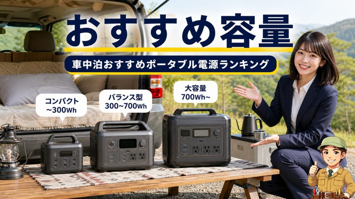 車中泊向けポータブル電源を容量別に比較しているイメージ