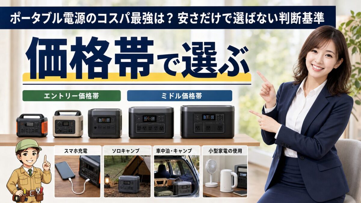 ポータブル電源の価格帯別相場と用途の目安を示す画像