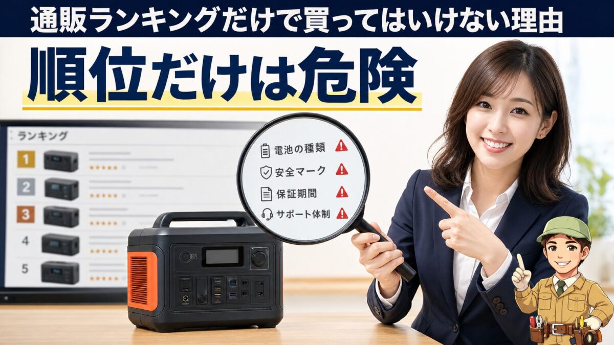 通販ランキングだけでポータブル電源を選ぶ危険性を示す画像