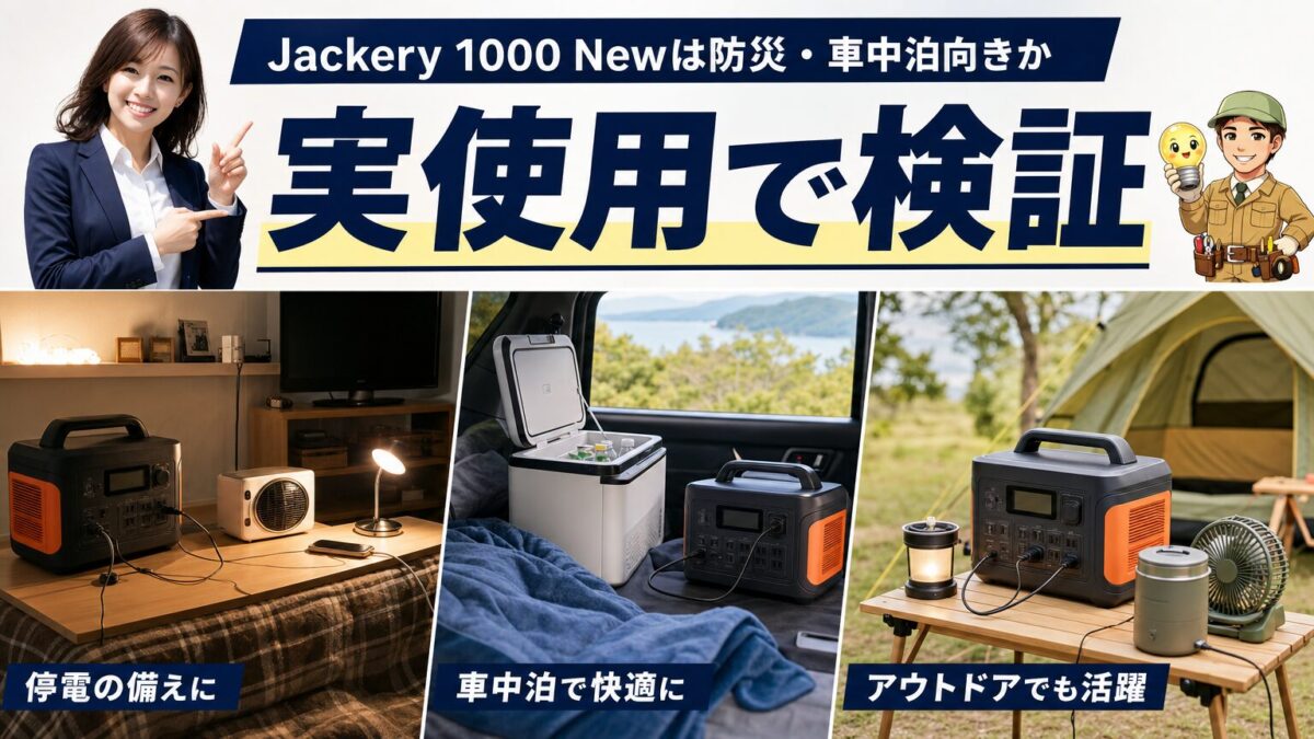 防災や車中泊やキャンプでJackery 1000 Newを使う場面を示す画像