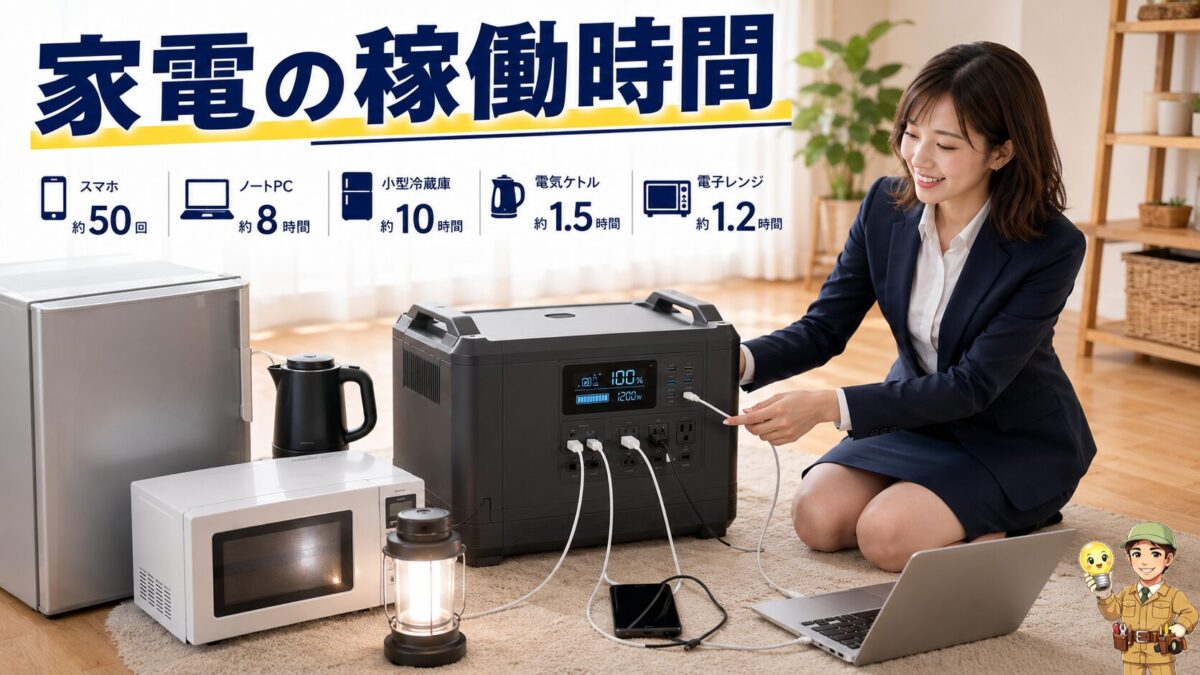 2000Whポータブル電源で家電がどれくらい使えるかを生活シーンで表現した画像