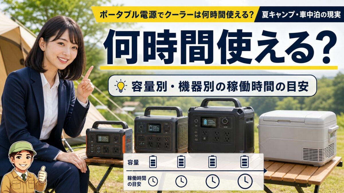 ポータブル電源の容量別にクーラーの稼働時間を考える画像