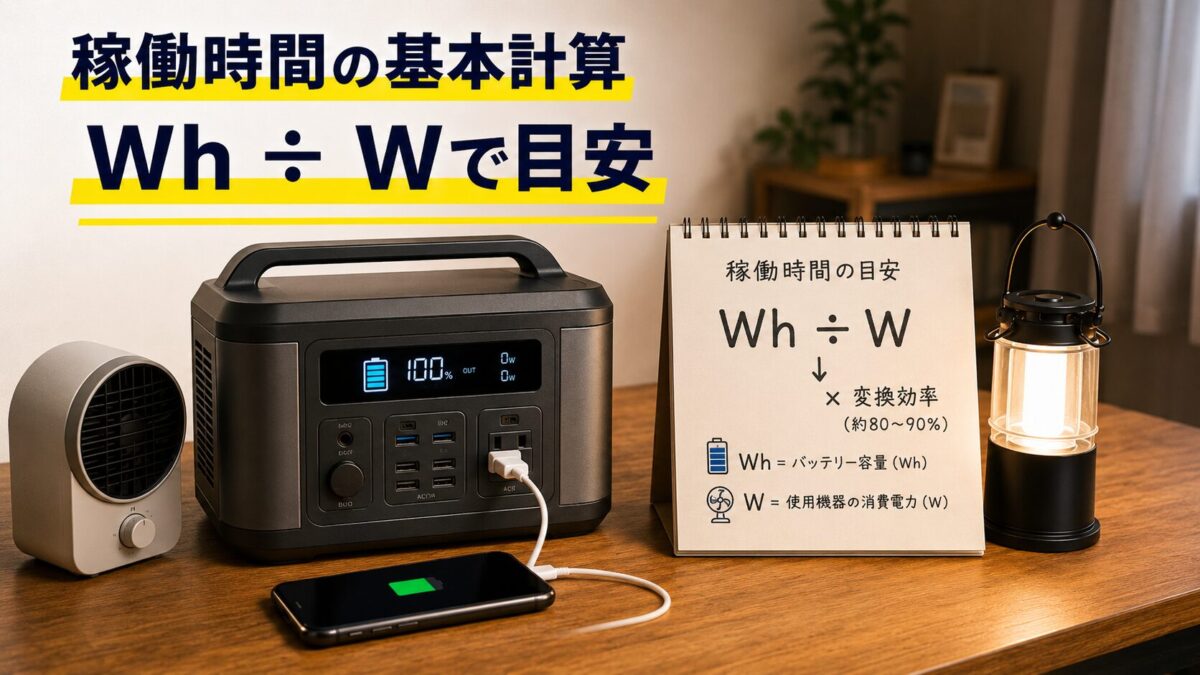 ポータブル電源の容量Whと家電の消費電力Wから稼働時間を考えるイメージ