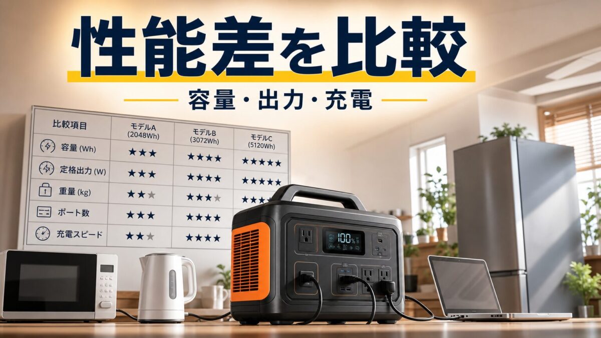 大型ポータブル電源の容量や出力や充電性能の差を比較する画像