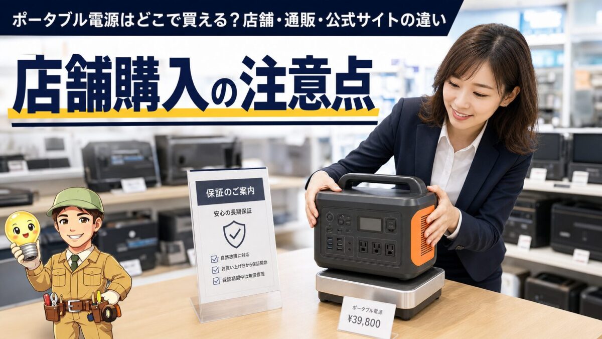 店舗でポータブル電源を買う特徴と保証の注意点を表した見出し画像