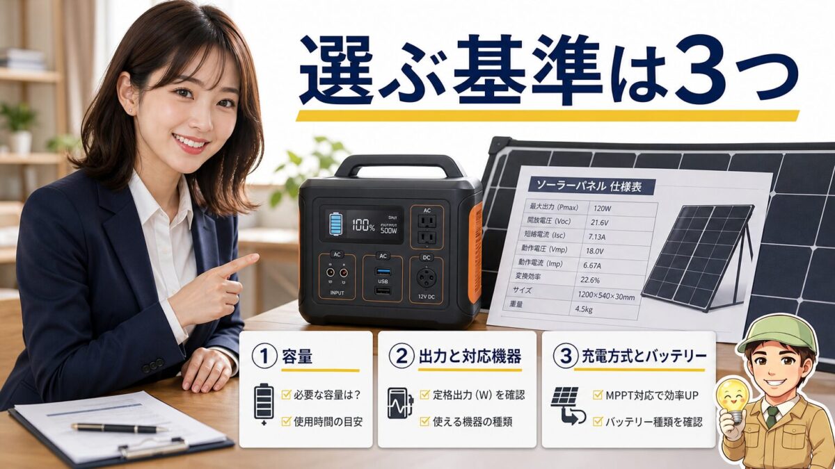 容量出力ソーラー効率バッテリー種類を確認して選ぶイメージ