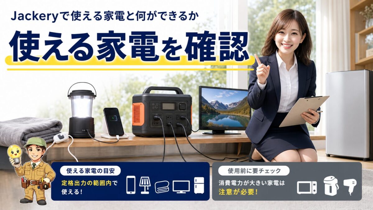 Jackeryで使える家電と消費電力の確認ポイントを示す画像