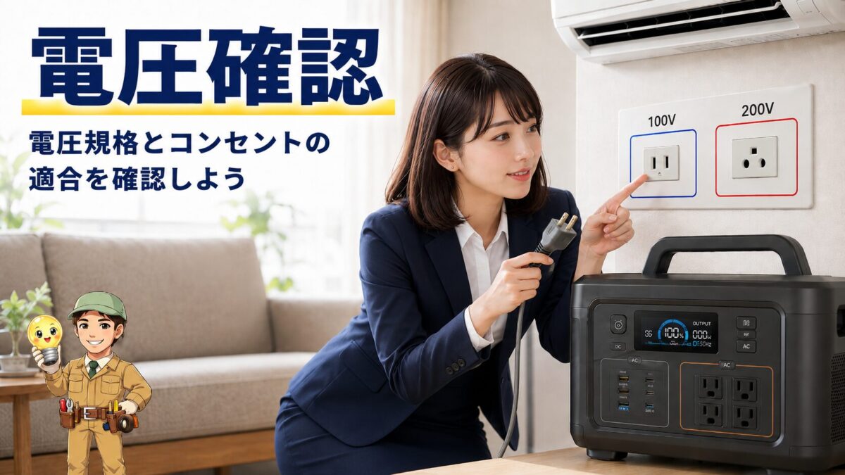 ポータブル電源とエアコンの電圧規格やコンセント形状を確認している様子