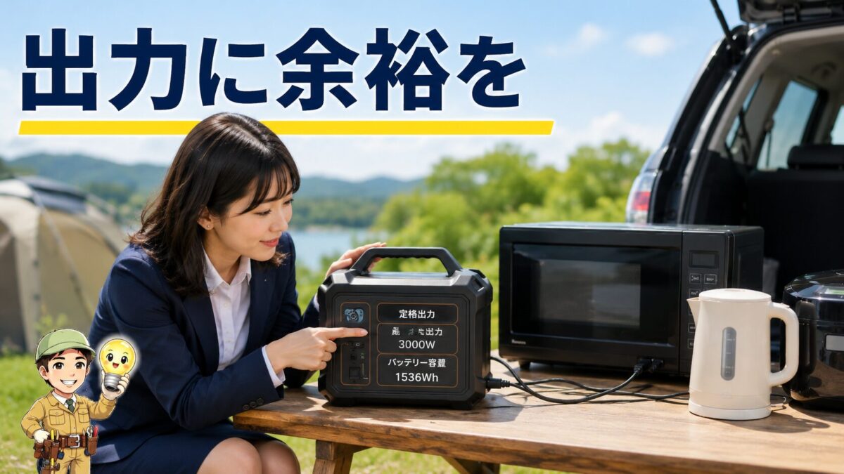 ポータブル電源選びで定格出力と瞬間最大出力を確認する場面
