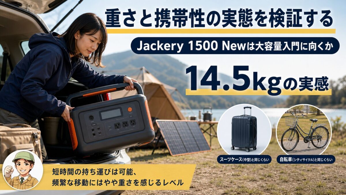 Jackery 1500 Newの14.5kgという重さと携帯性を車載シーンで検証する画像