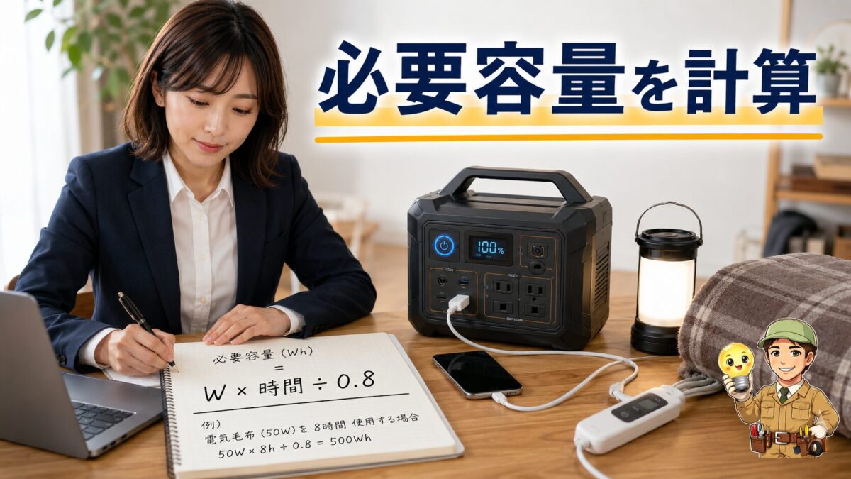 消費電力と使用時間からポータブル電源の必要容量を計算する様子