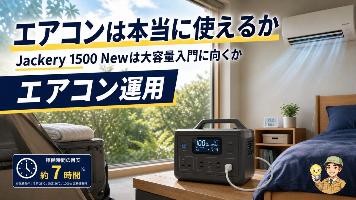 Jackery 1500 Newで100V型エアコンを動かせるか検証するイメージ画像