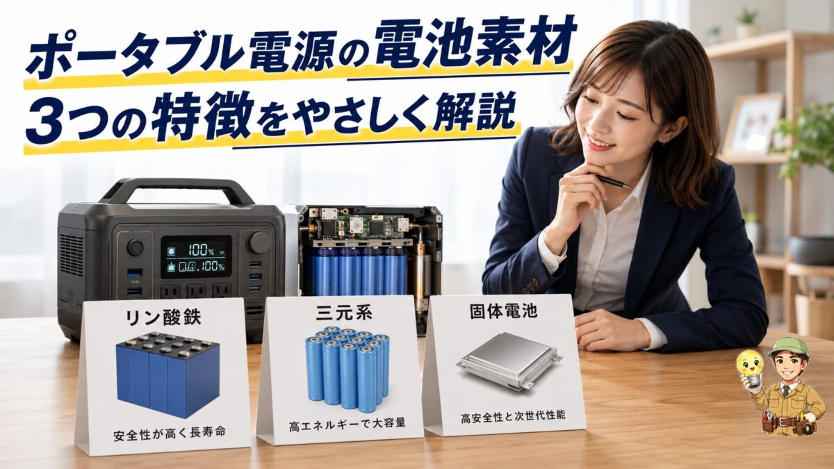 ポータブル電源のバッテリーセル技術と安全性の違いを視覚的に示した画像