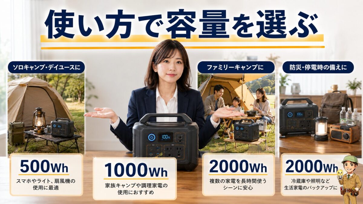 キャンプや防災など用途と人数に応じたポータブル電源容量の選び方