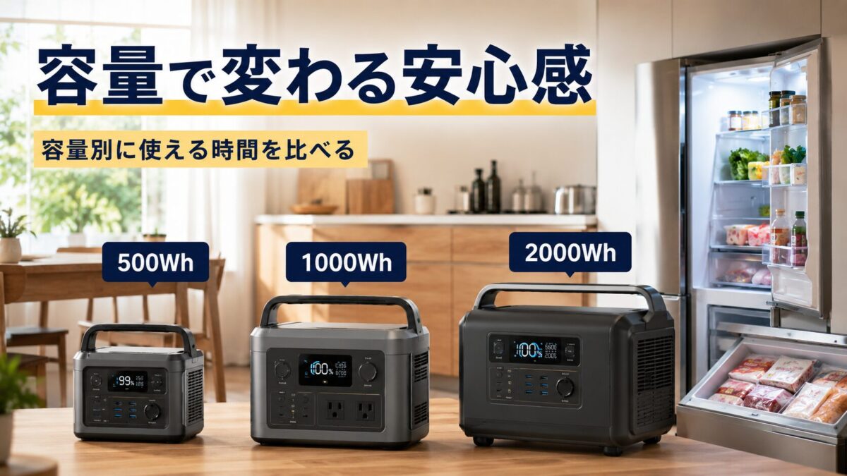 500Wh・1000Wh・2000Whのポータブル電源容量別に使える時間を比べる画像