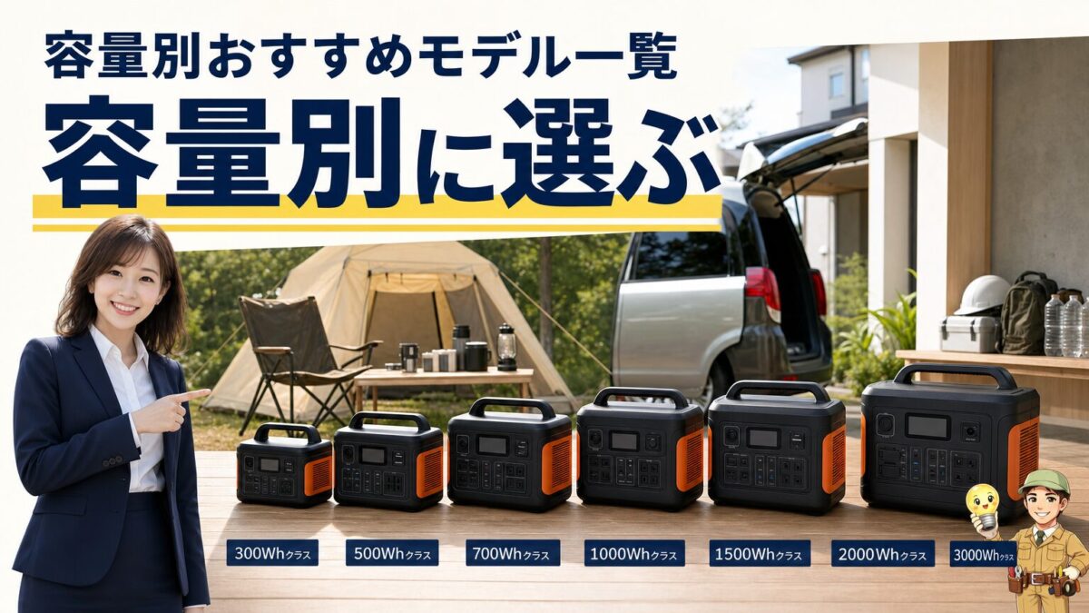 容量別にポータブル電源のおすすめモデルを比較するイメージ