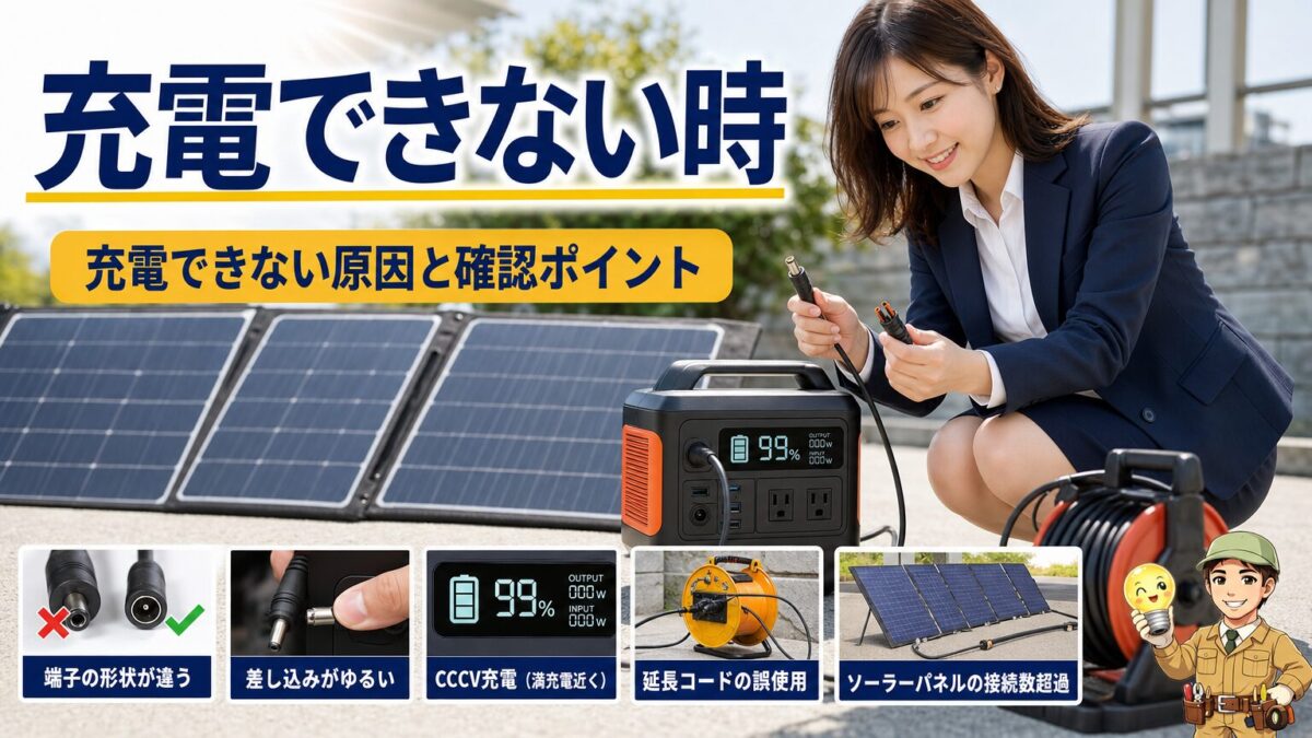 Jackeryが充電できない時に確認すべき端子や接続ポイントを示す画像