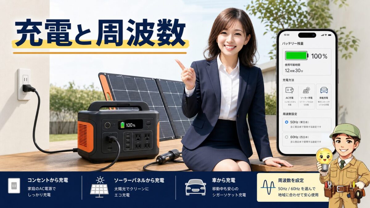 Jackeryの充電方法と50Hz60Hz周波数設定を示す画像