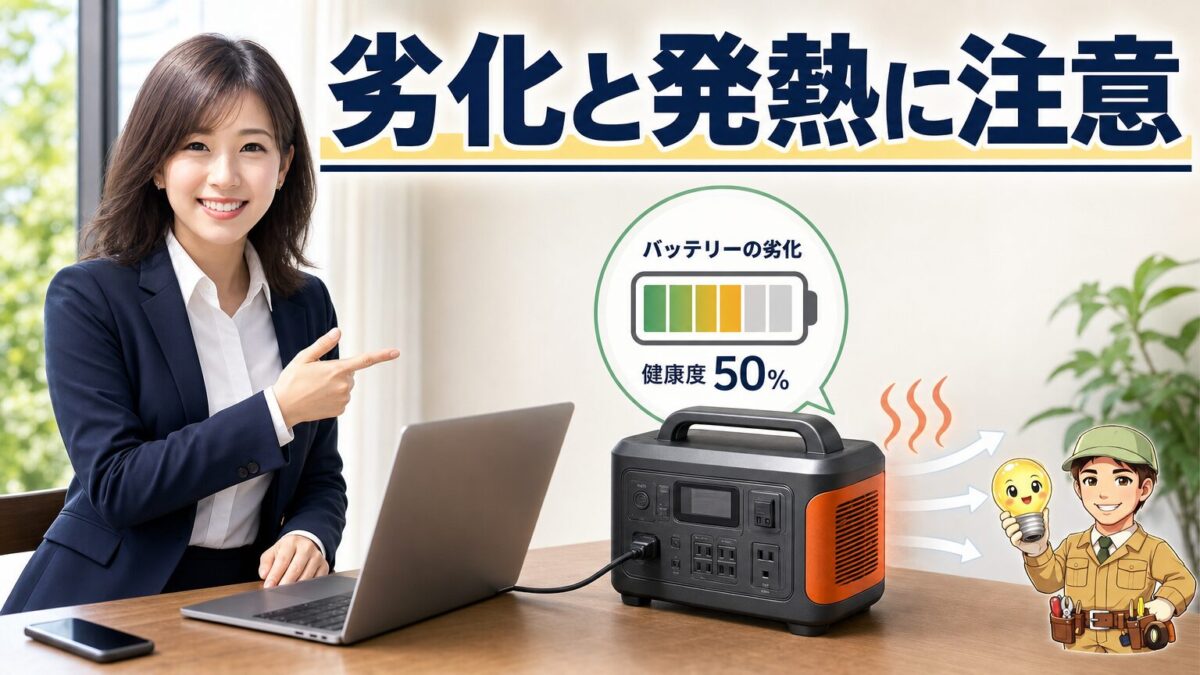 パススルー充電によるバッテリー劣化と発熱リスクを示す画像