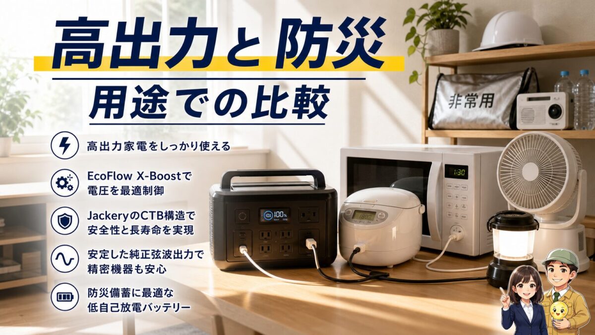 高出力家電と防災用途でJackeryとEcoFlowを比較する画像
