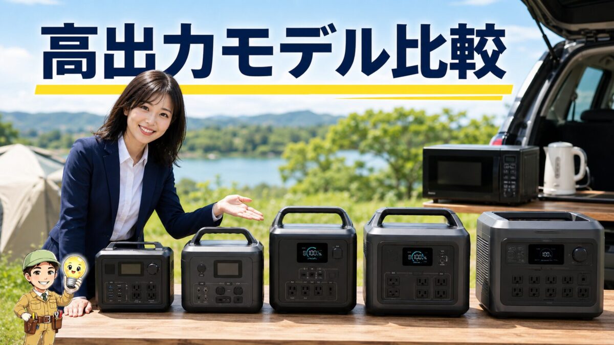 高出力対応のポータブル電源を比較するために複数モデルを並べた画像