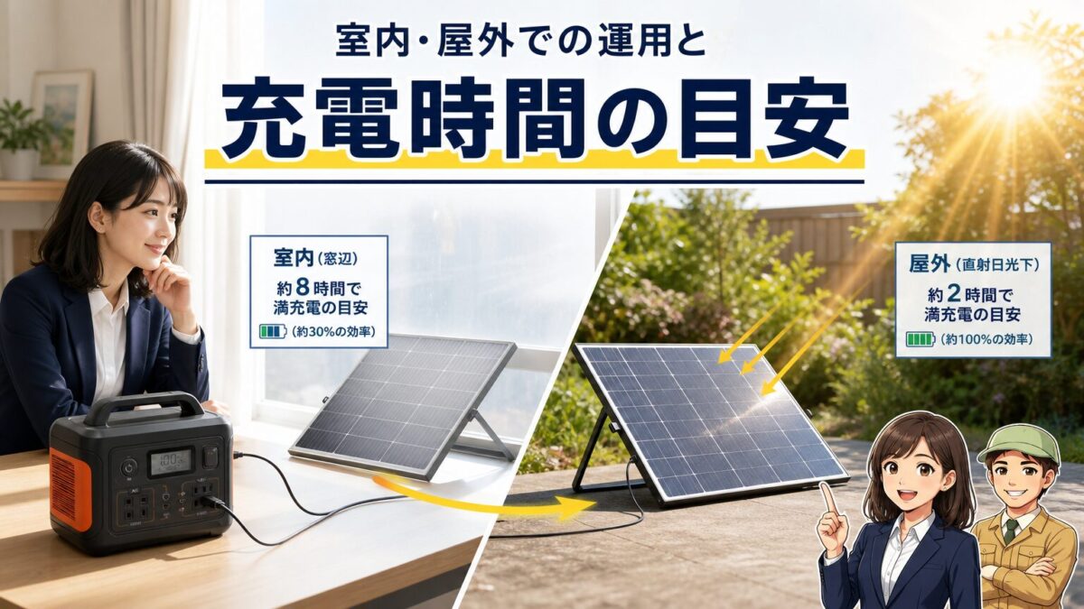 室内と屋外でソーラー充電の効率や充電時間が変わる様子を示す画像
