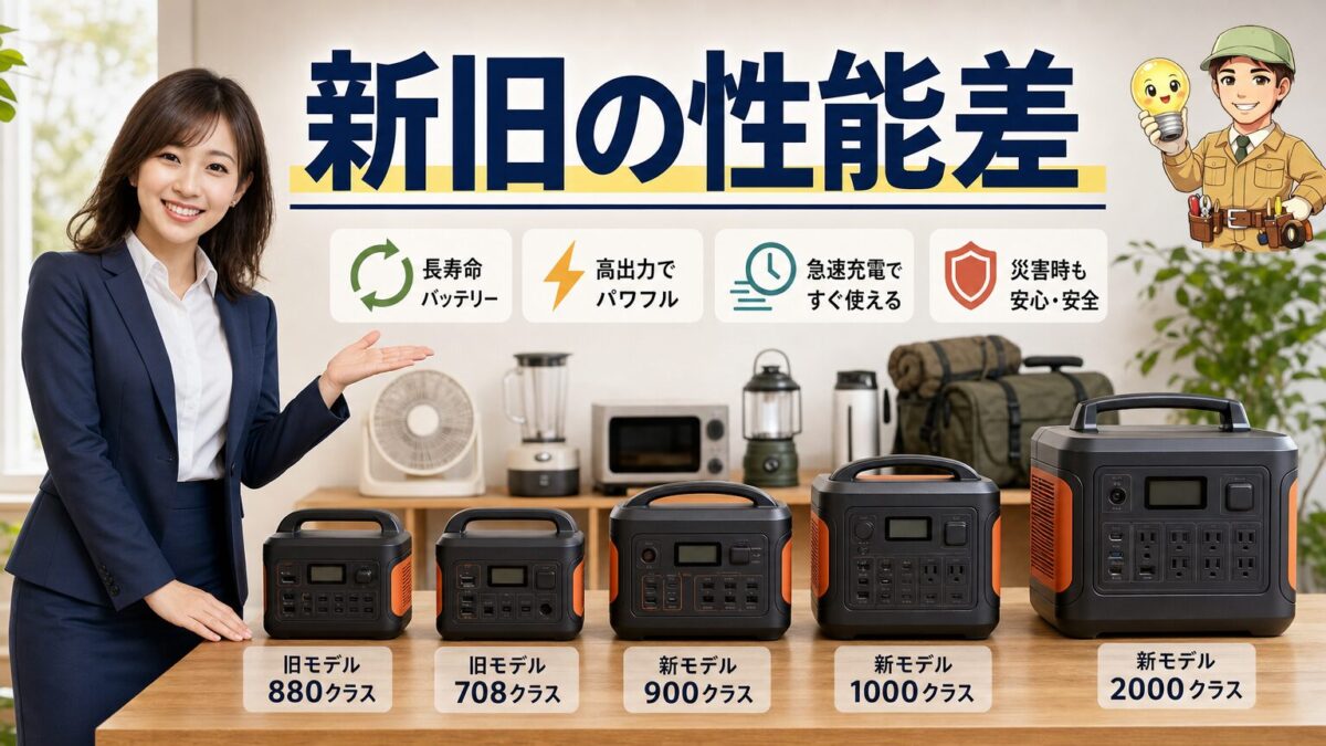Jackery旧型モデルと新型モデルの性能差を比較する画像