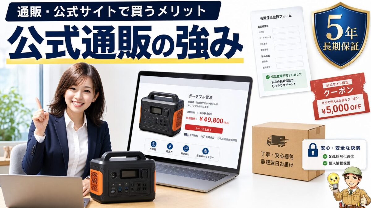 通販や公式サイトでポータブル電源を買うメリットを表した見出し画像