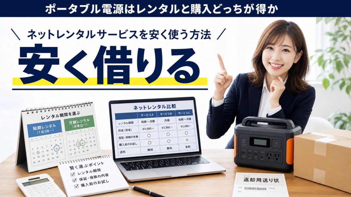 ネットレンタルサービスでポータブル電源を安く借りる方法を示す画像