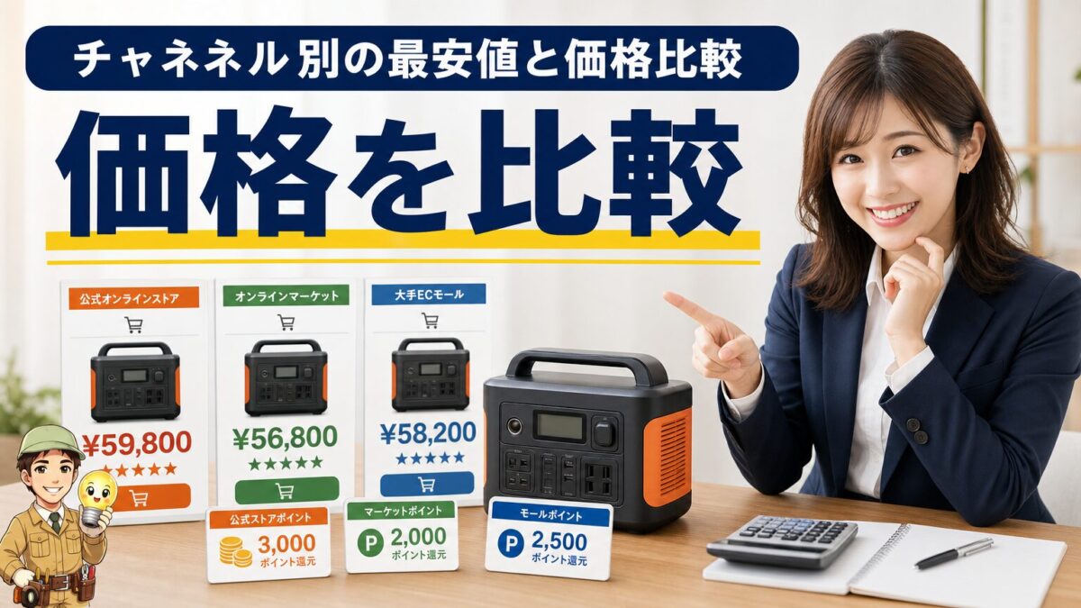 Jackeryを販売チャネル別に価格比較して最安値を探す様子を表した見出し画像