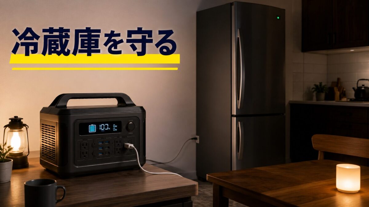 停電時にポータブル電源で冷蔵庫を動かし食品を守るイメージ