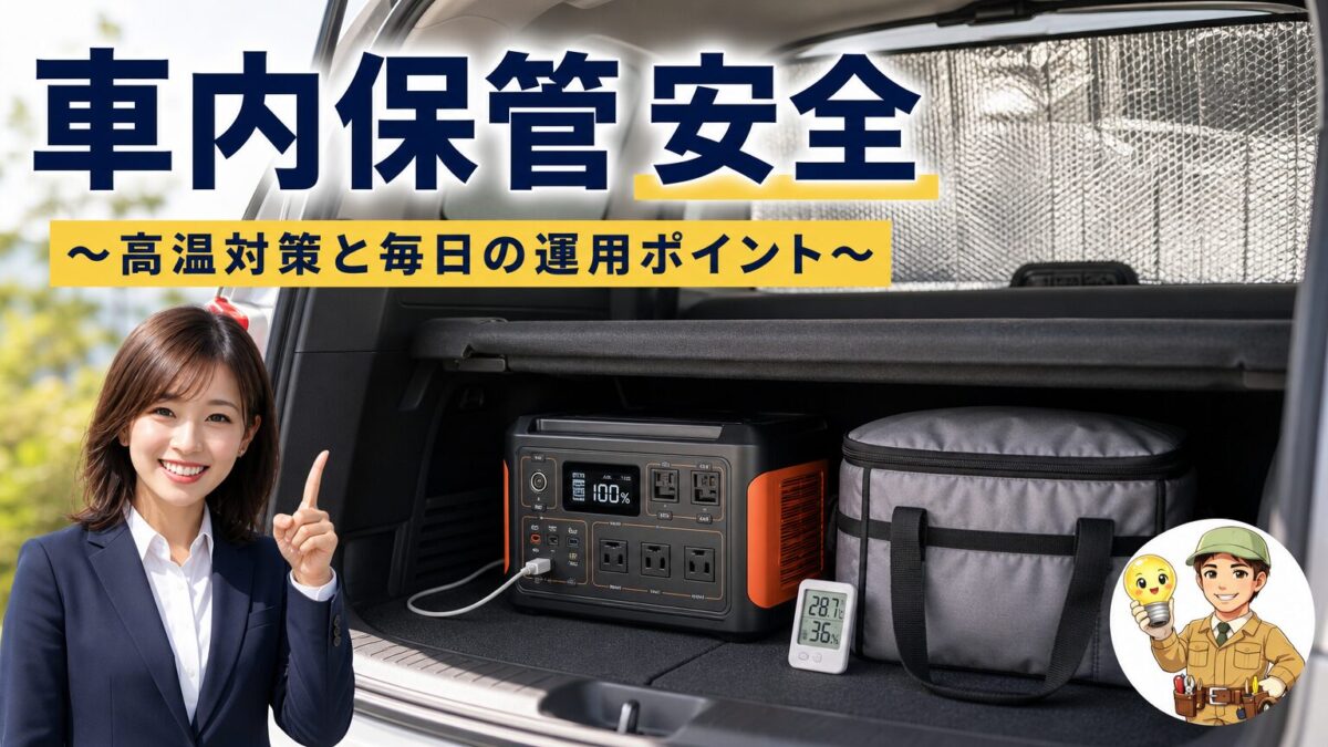 ポータブル電源を車内で安全に保管するための対策イメージ