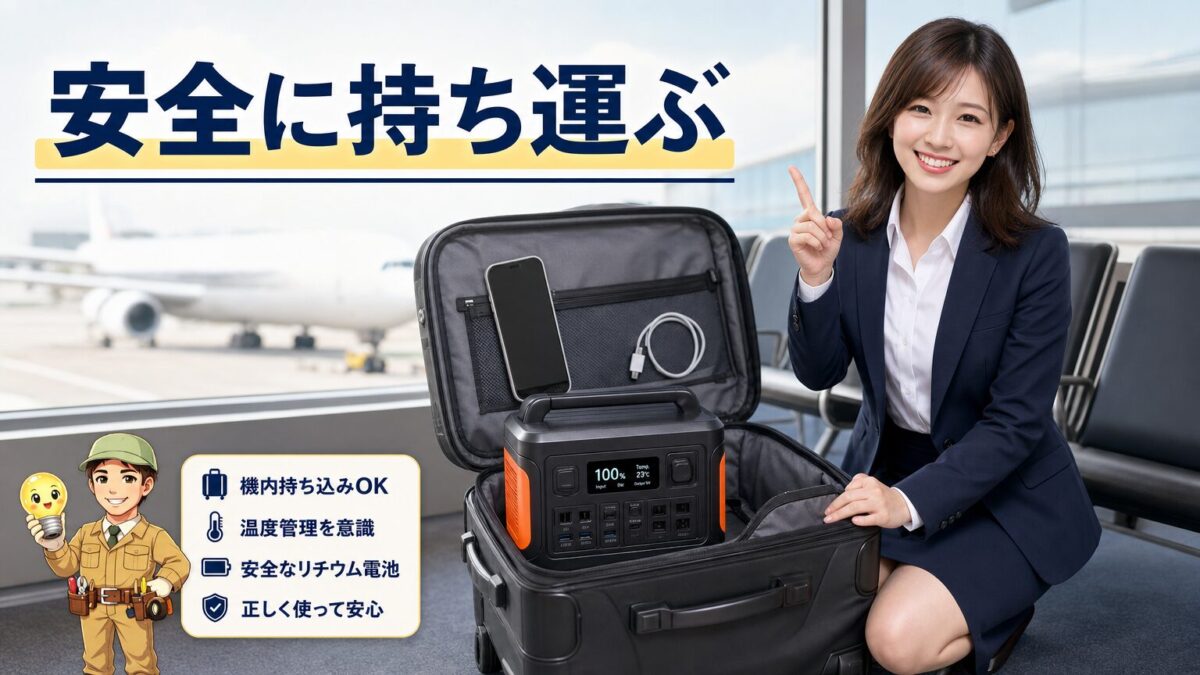 Jackery Explorer 100 Plusの安全性と航空機持ち込みルールを示す画像