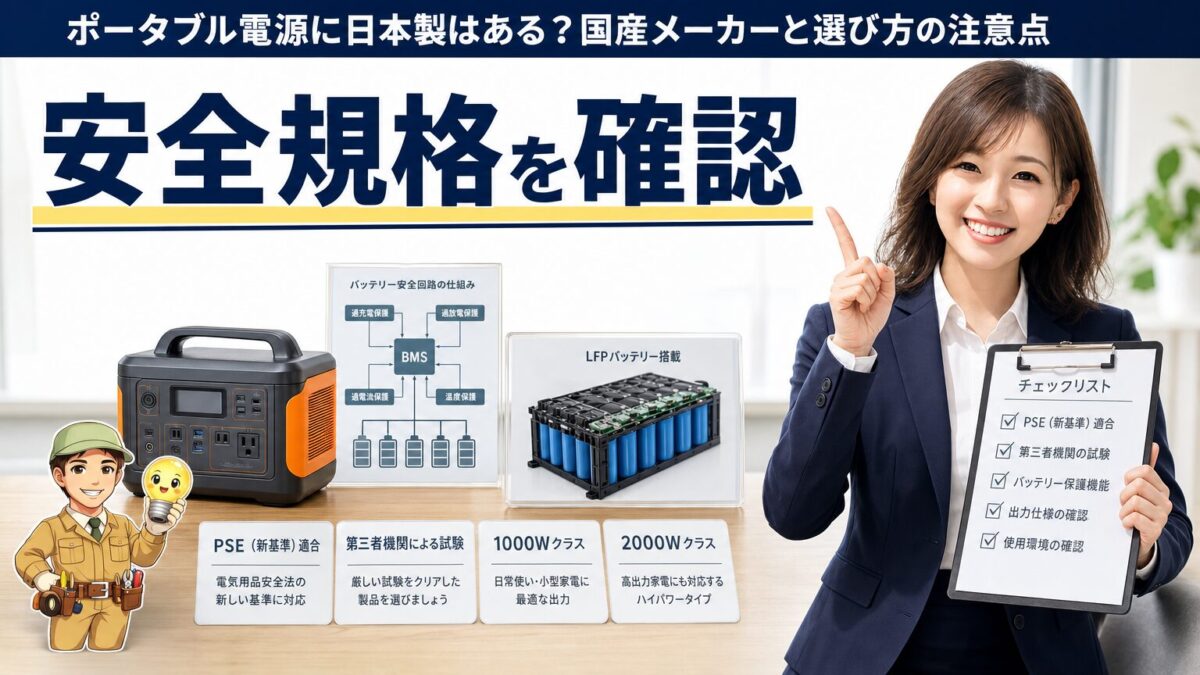 日本メーカー設計ポータブル電源の安全性と規格を比較する画像