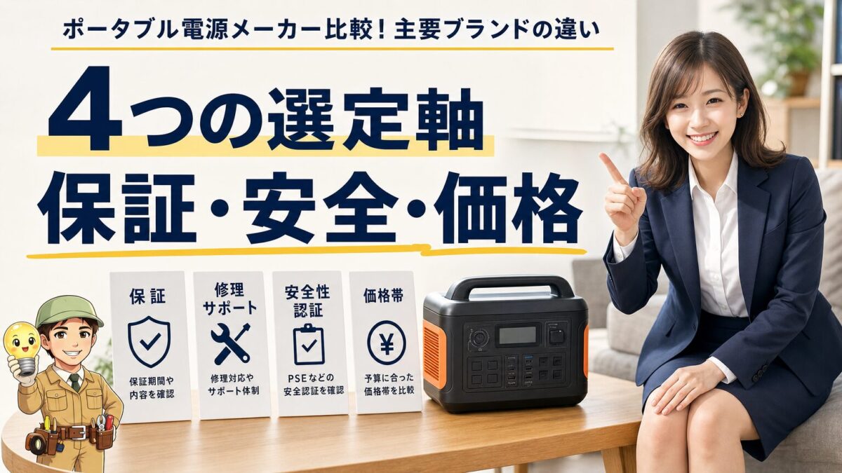 ポータブル電源メーカー選びで見るべき4つの軸を示す画像