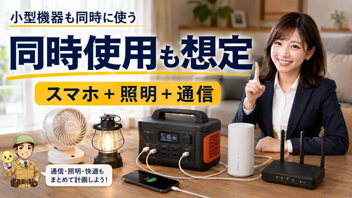 ポータブル電源でスマホだけでなくルーターやLEDライトも同時に使う場面を示す画像