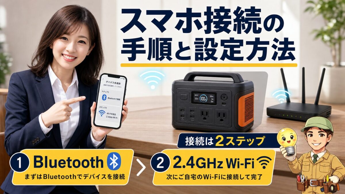 ポータブル電源をスマホアプリにBluetoothとWi-Fiで接続する手順のイメージ画像