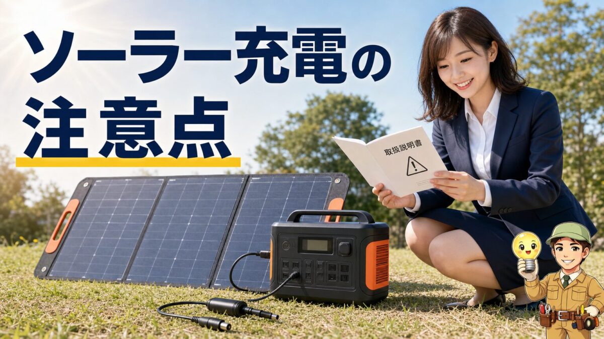 Jackery 600 Plusのソーラー充電と説明書の注意点を示す画像