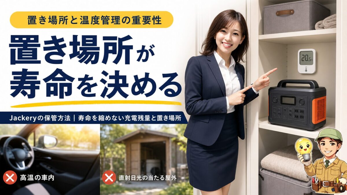 Jackeryの保管場所と温度管理の重要性を示す画像