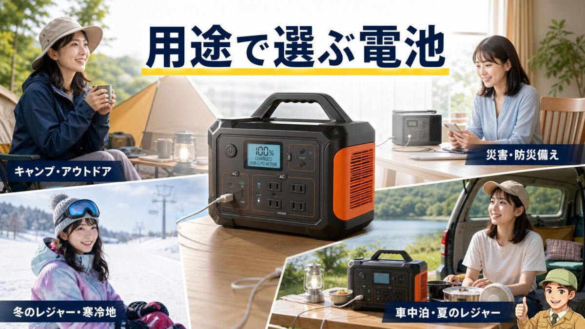 キャンプや防災や冬季レジャーなど用途別に電池を選ぶ画像