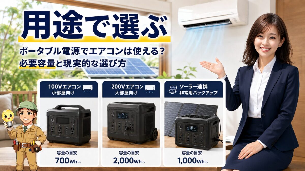 用途に合わせてエアコン用ポータブル電源を選ぶための比較イメージ