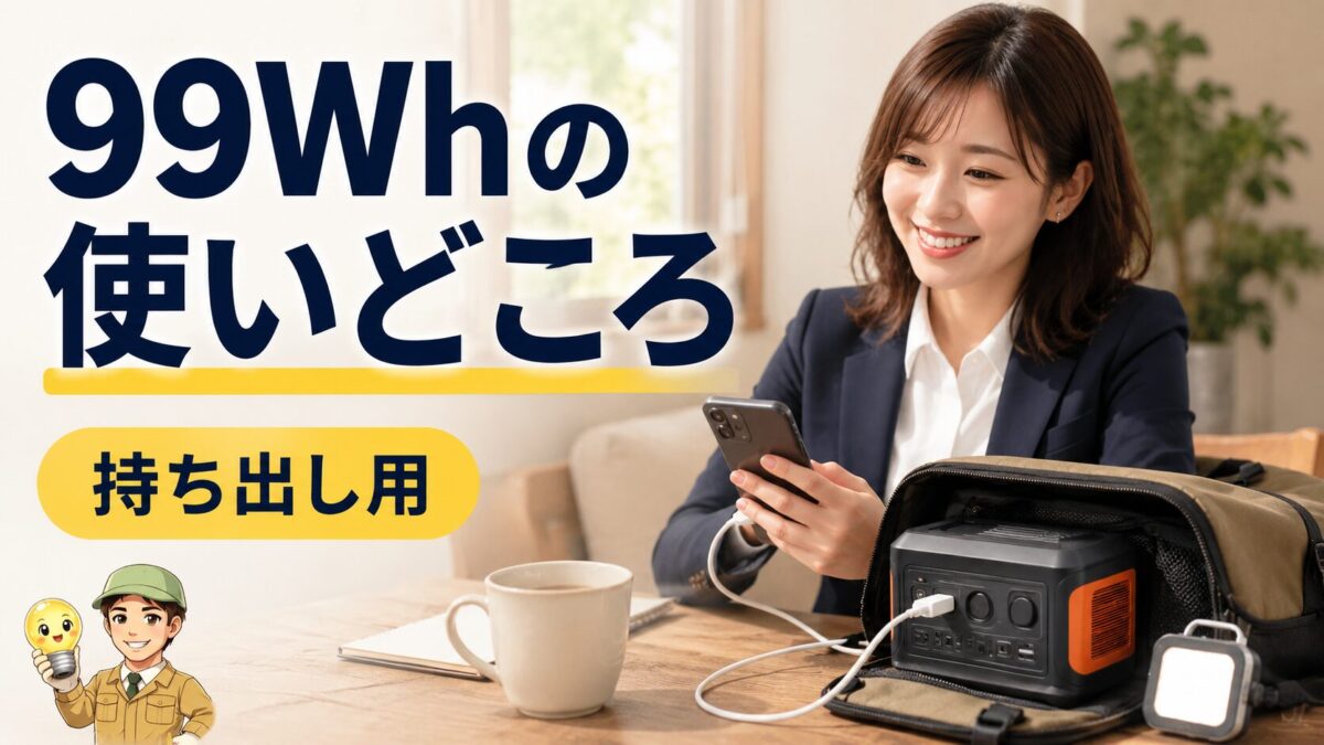 99Whクラスの小型ポータブル電源を持ち出し用補助電源として使う場面を示す画像