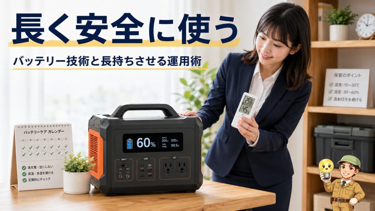 ポータブル電源のバッテリー管理と長持ちさせる運用方法を表した画像