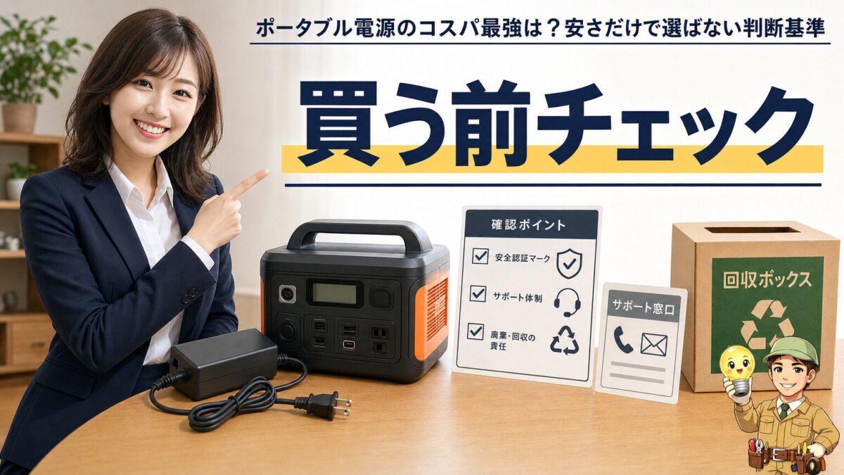 安いポータブル電源を選ぶ前に確認すべき項目を示す画像