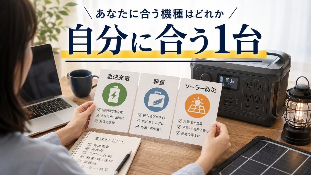 用途に合うポータブル電源を選ぶ場面を表した画像